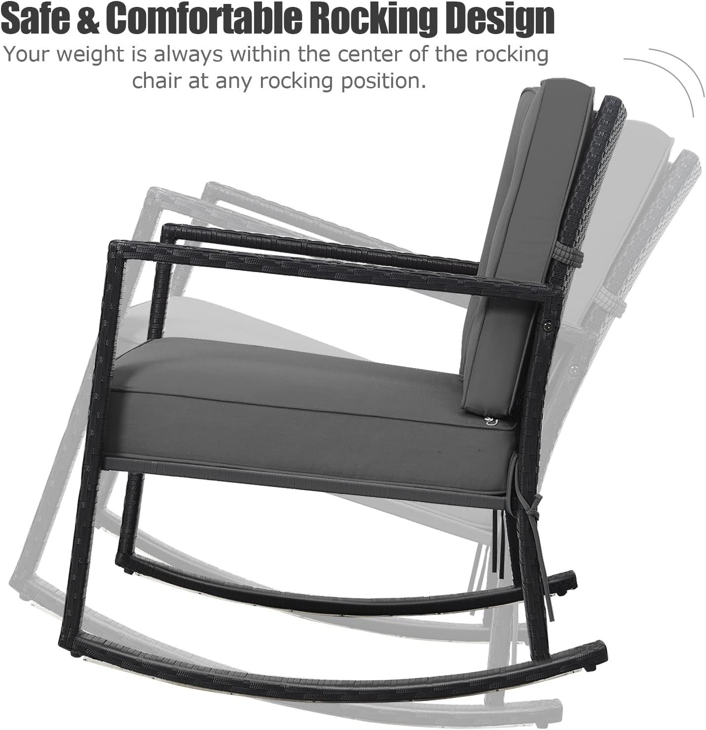 Grey Rattan Garden Rocking Chair with Cushions & Armrests Outdoor Seat