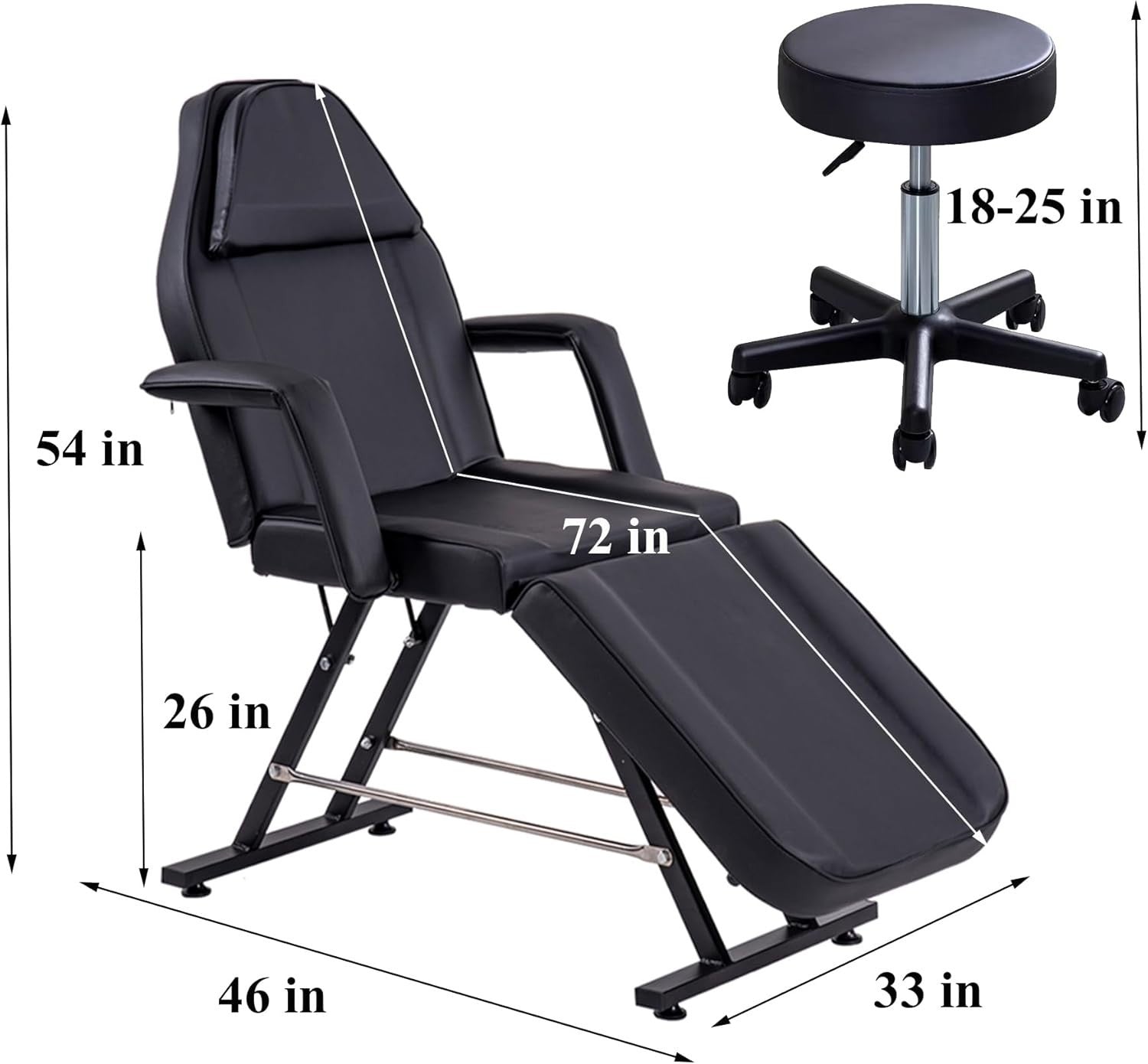 Adjustable 3-Section Beauty Massage Bed w/ Head Cushion & Swivel Stool Black