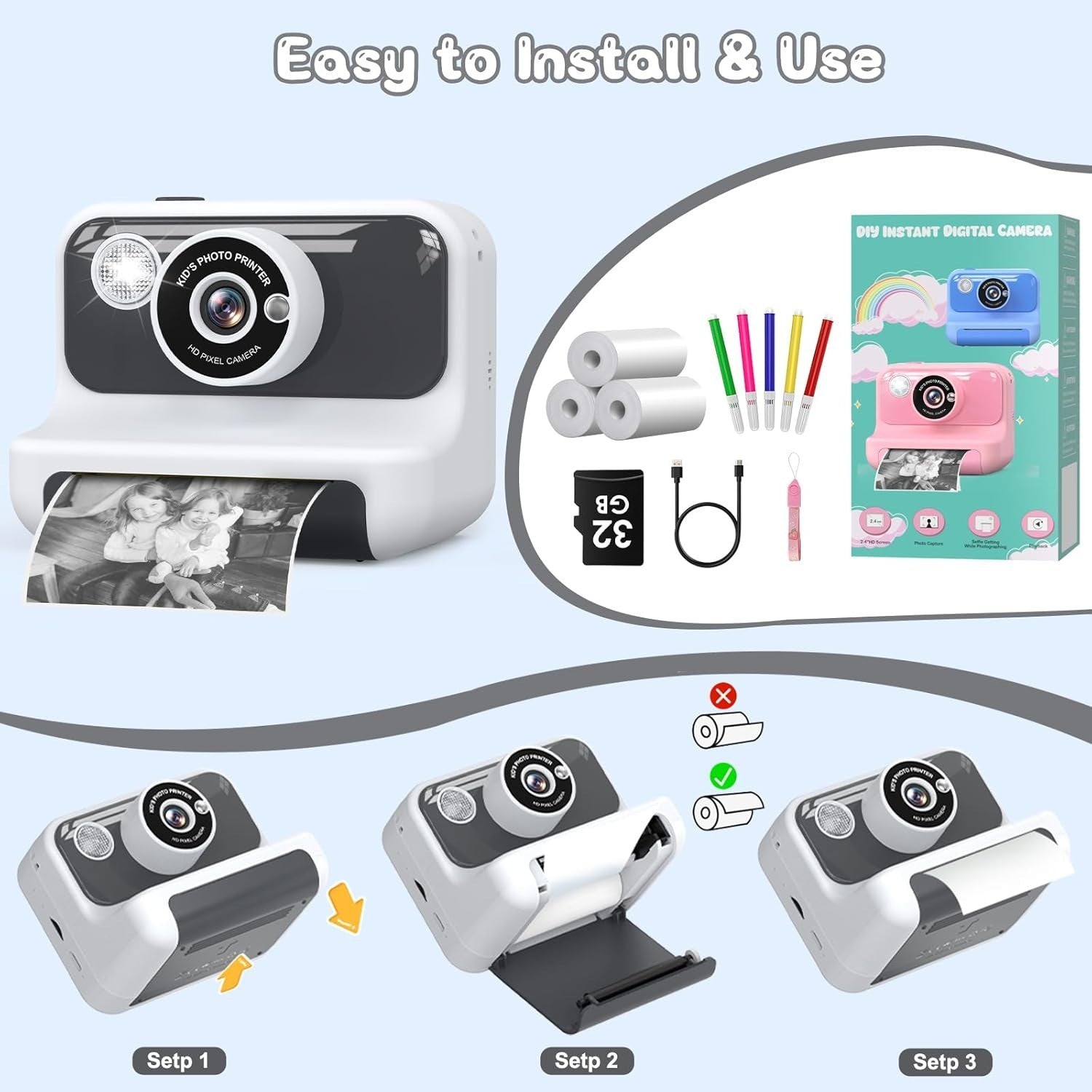 Kids Instant Print Camera 1080P HD 32GB Card Photo Paper Toy White