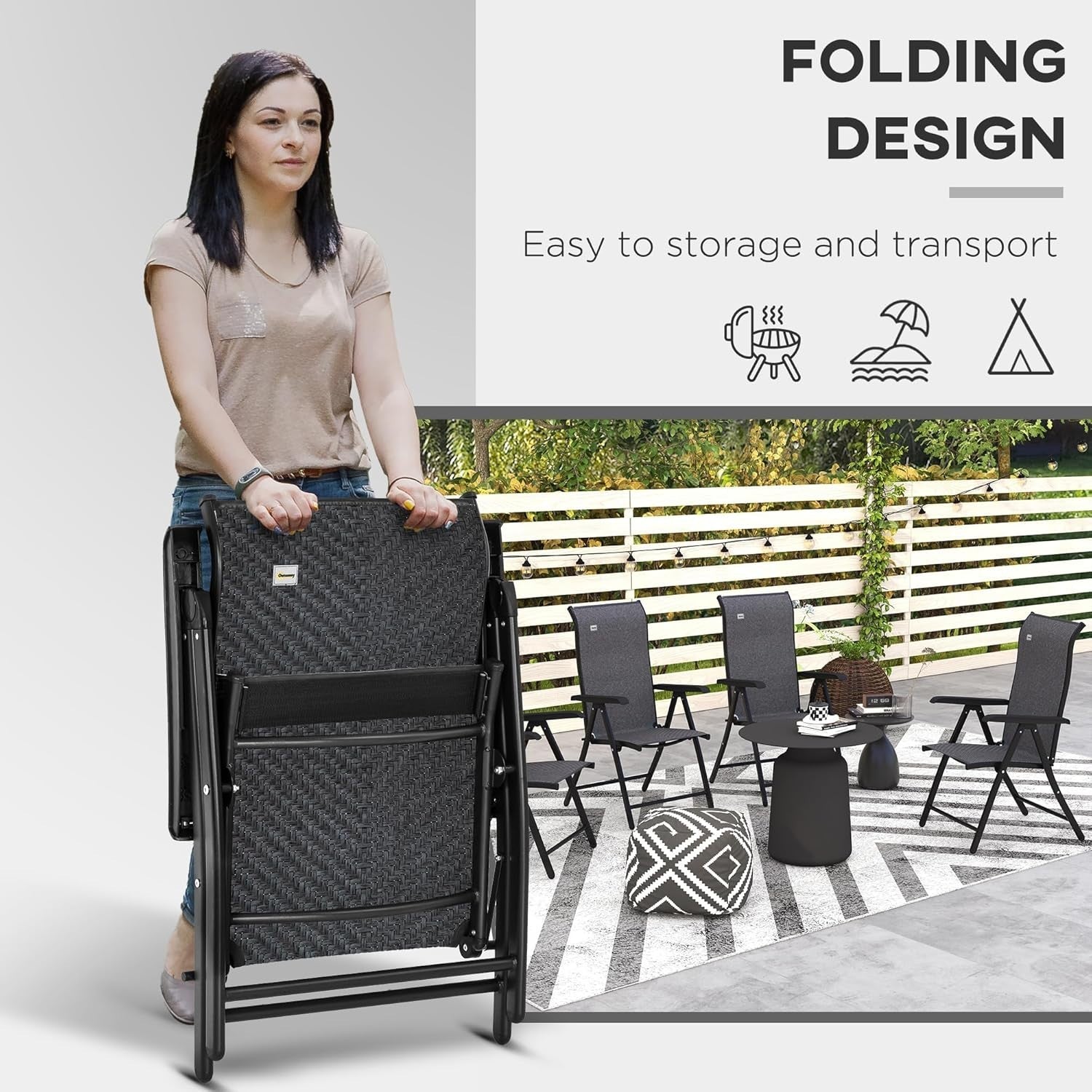 Outdoor Folding Rattan Chairs Set of 2 Adjustable Recliner Patio Dining Grey