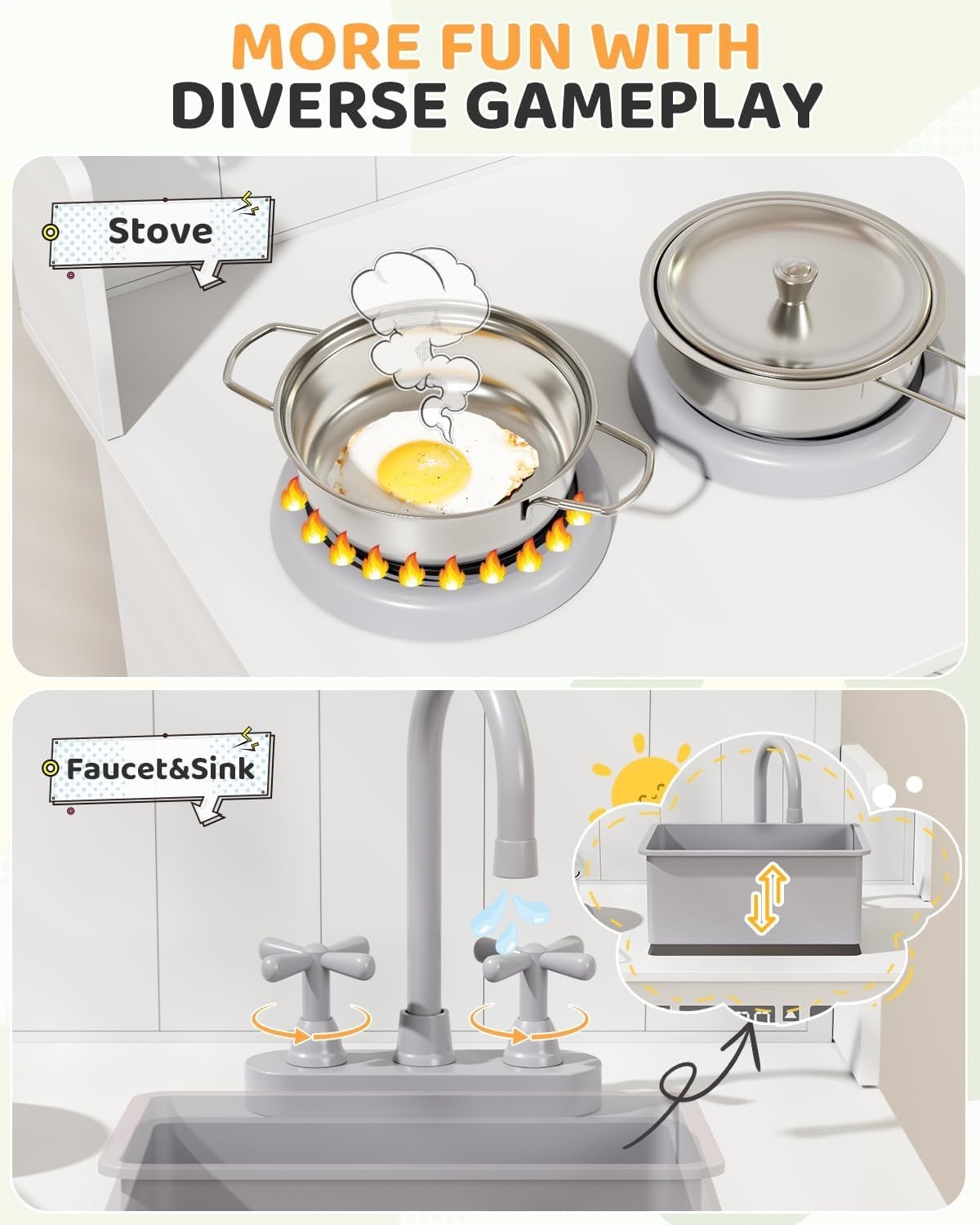 Wooden Kids Play Kitchen White Cooker Sink Toy Set w Storage & Clock