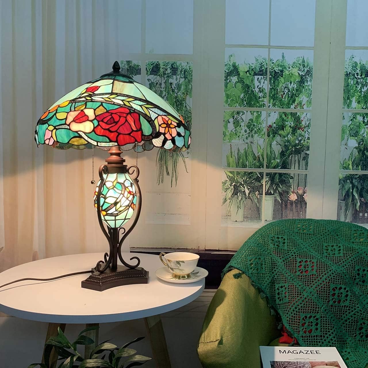 Stained Glass Tiffany Table Lamp Rose Flower Design 61cm High