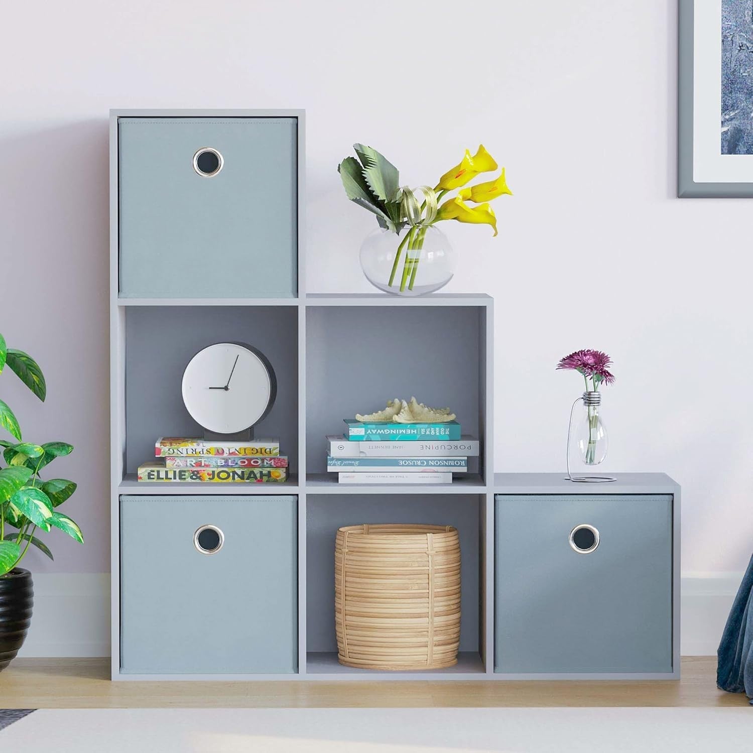 Grey 6 Cube Staircase Bookcase with 3 Fabric Baskets – Modern Storage Unit