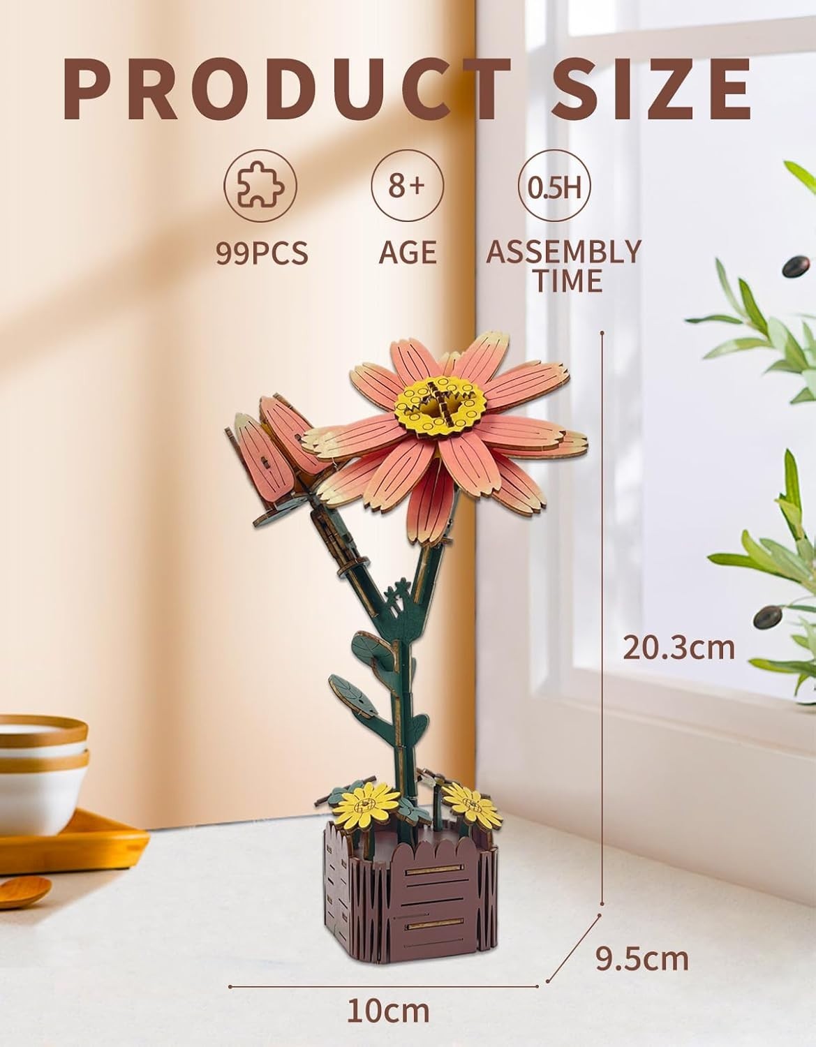 3D Wooden Flower Puzzle Kit for Adults – DIY Gift, Realistic Floral Decor