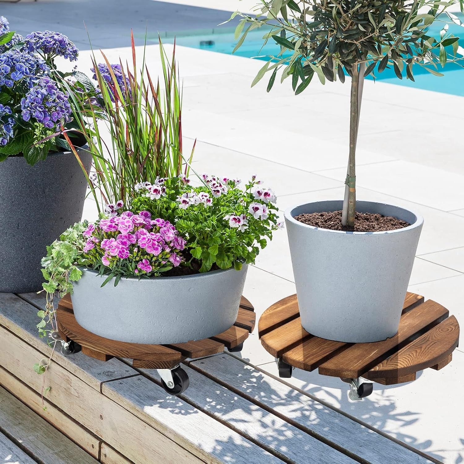 2 Pack Wood Plant Caddy with Wheels, 12" Rolling Flower Pot Stand Indoor Outdoor