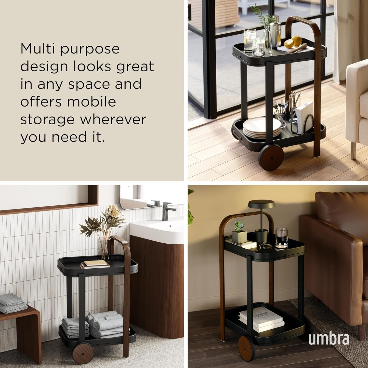 Luxury Bar Cart on Wheels 2 Tier Wooden Serving Trolley with Removable Tray