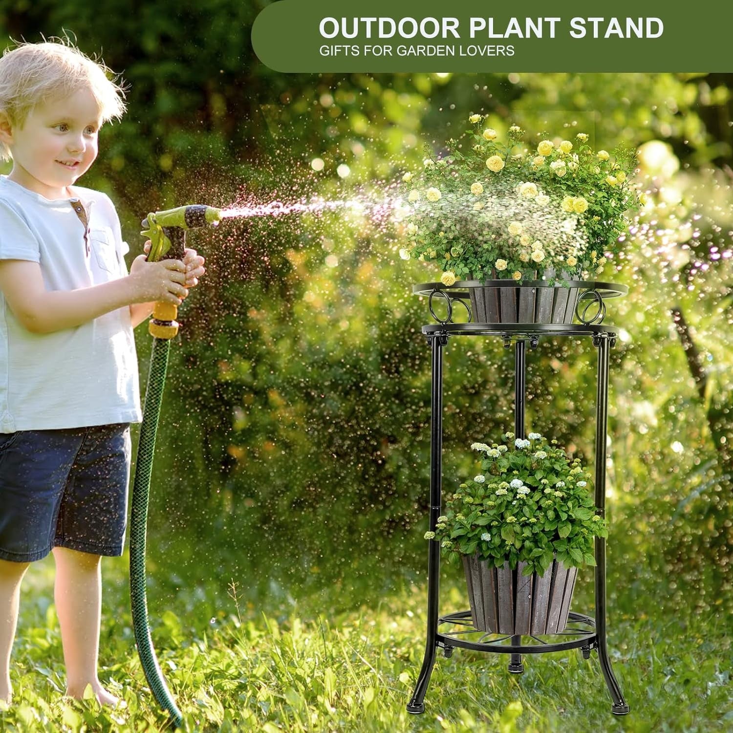 2 Tier Metal Plant Stand Indoor Outdoor Tall Flower Pot Shelf Corner Display