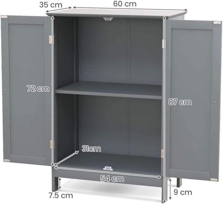 Adjustable Bathroom Floor Cabinet with 3 Shelves, Anti-Tipping Design, Grey
