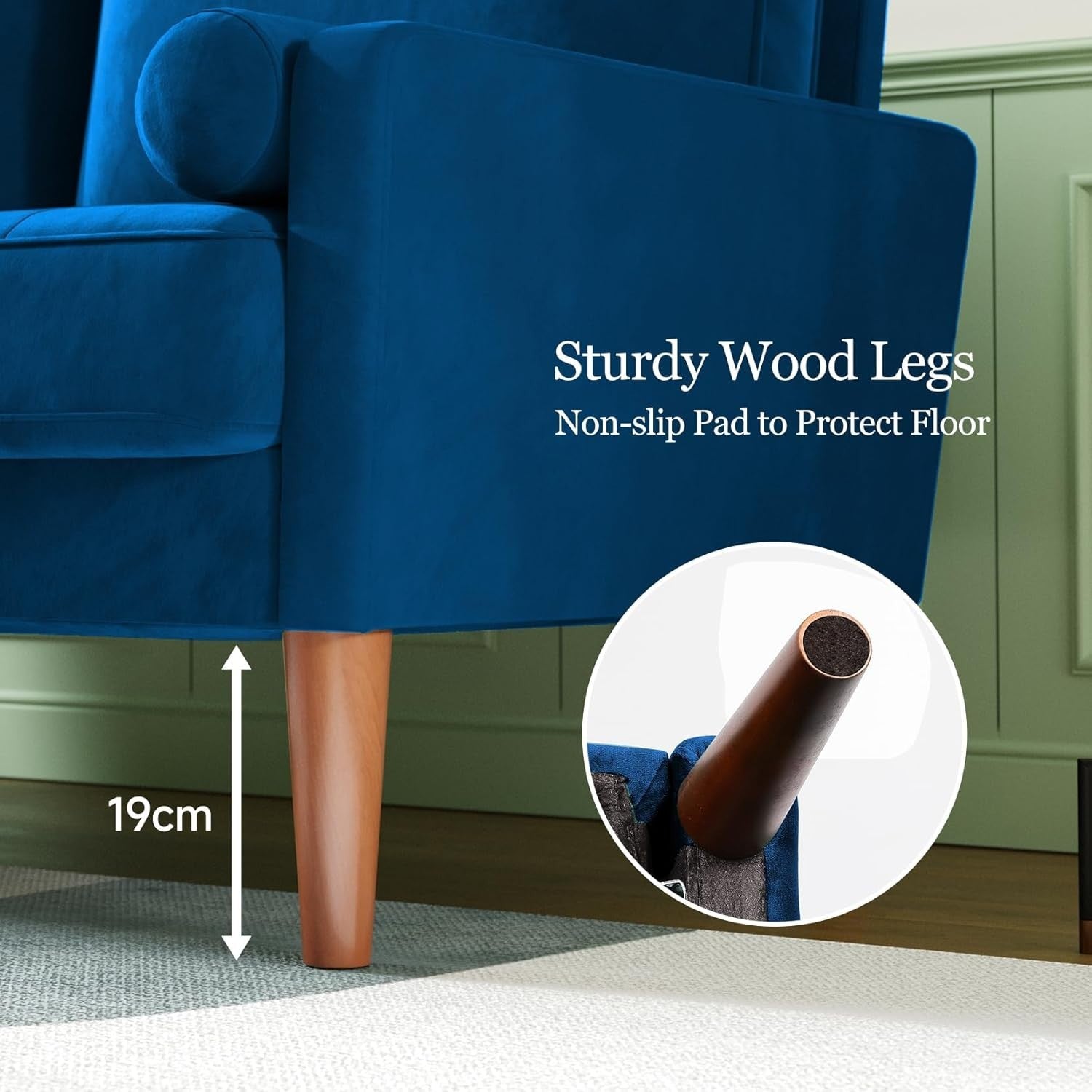 Blue Velvet 2 Seater Sofa Small Space Comfy Couch Wood Legs Living Room