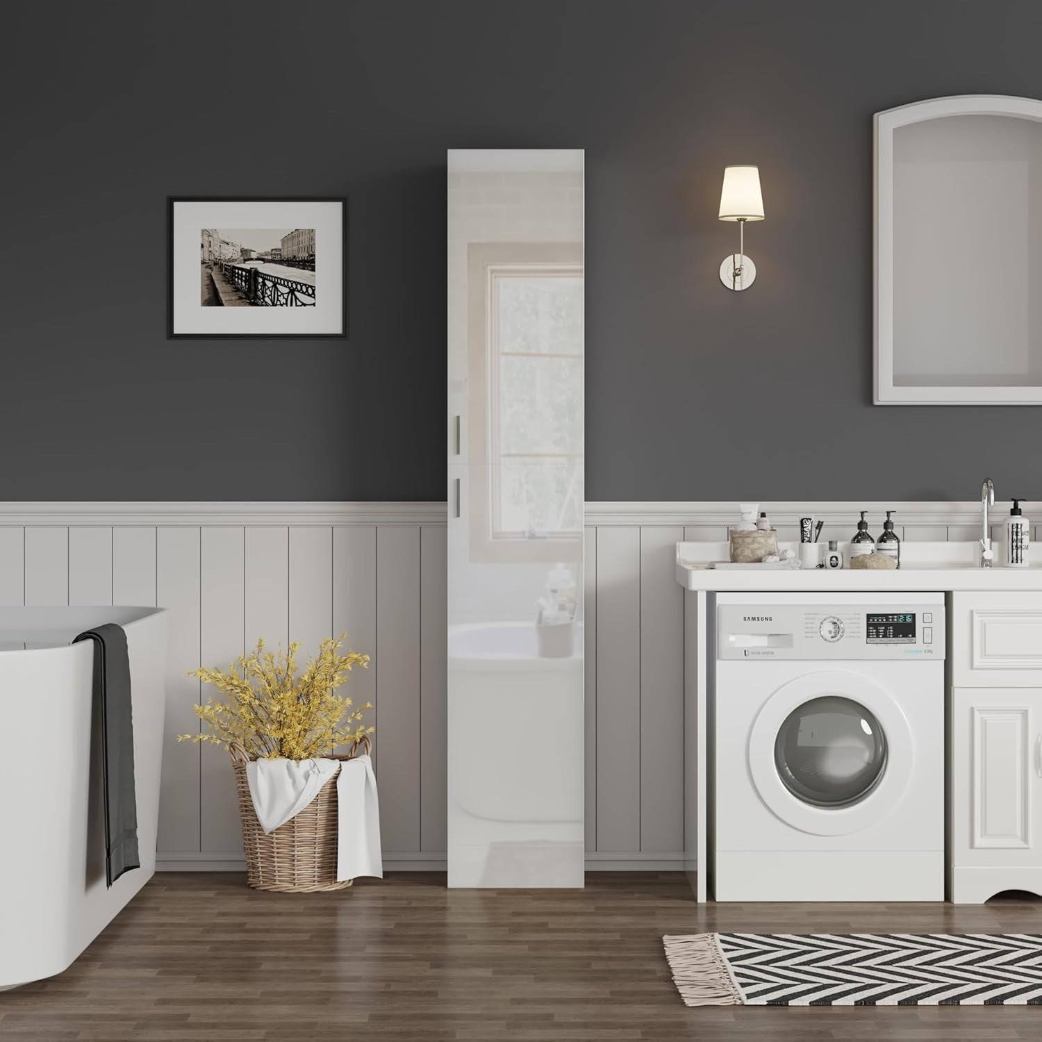 Tall White Bathroom Storage Cabinet with Double Doors & 4 Shelves
