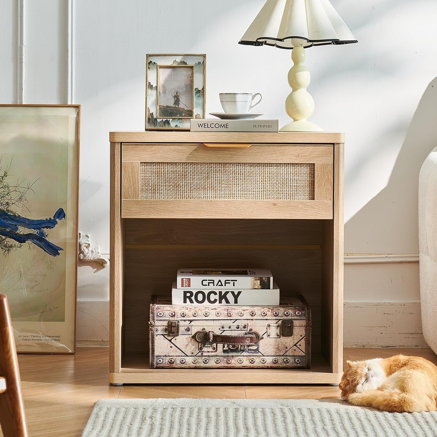 Natural Rattan Bedside Table Nightstand with Drawer Boho Wood Side Table