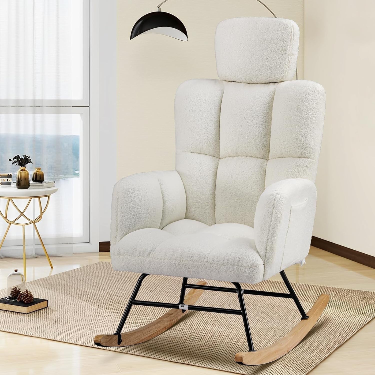Comfortable Rocking Chair with Adjustable Headrest & Soft Faux Fur Upholstery