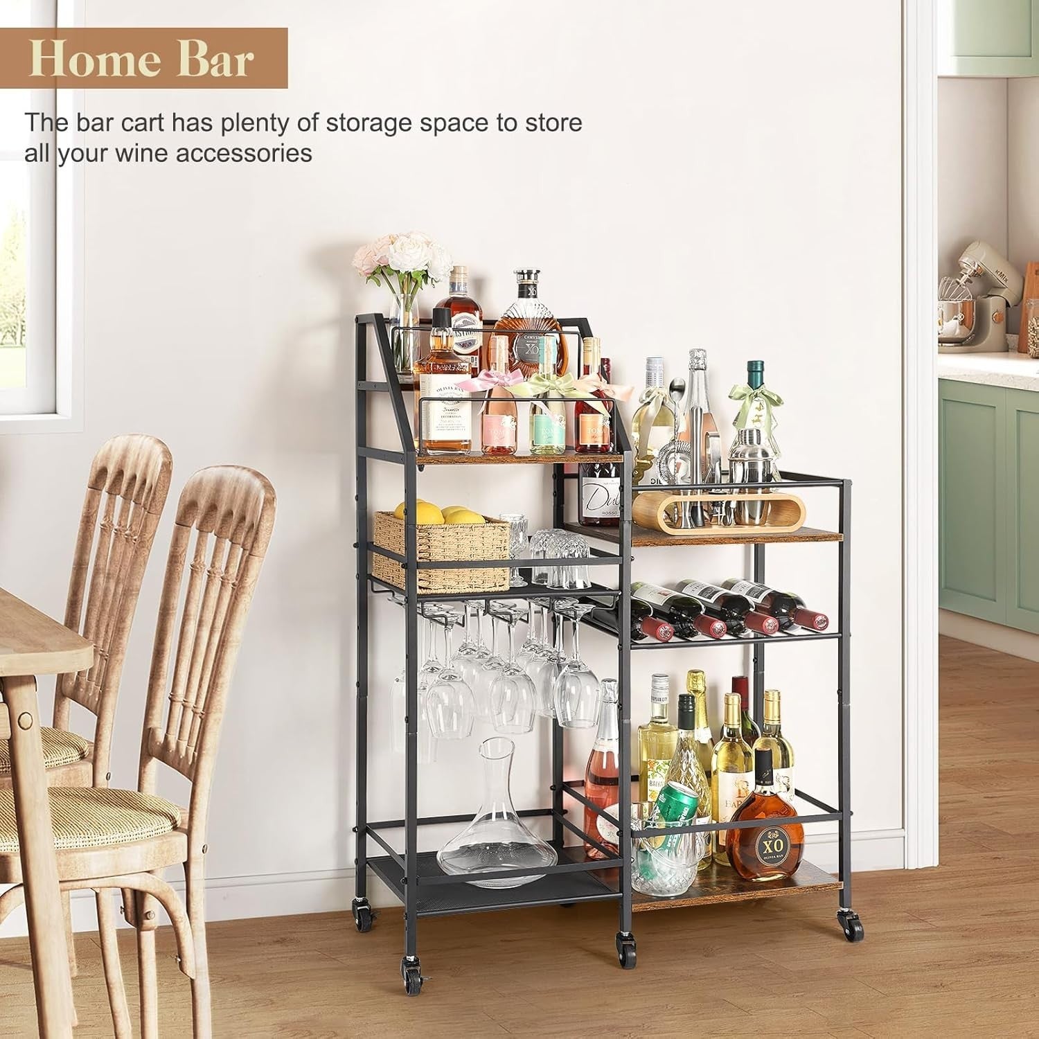 Rolling Bar Cart Drinks Trolley with Wine Rack & Glass Holder 3 Tier Storage