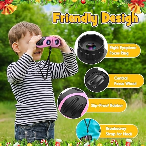 Kids 8x21 Waterproof Binoculars with Compass & Whistle Outdoor Explorer Pink