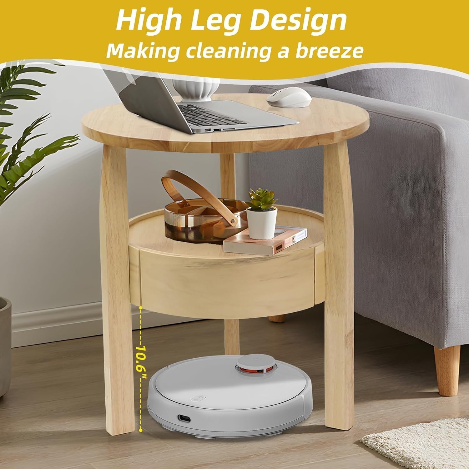 Solid Oak Round Coffee Table with Drawer – 50x40x50cm 2-Tier Storage