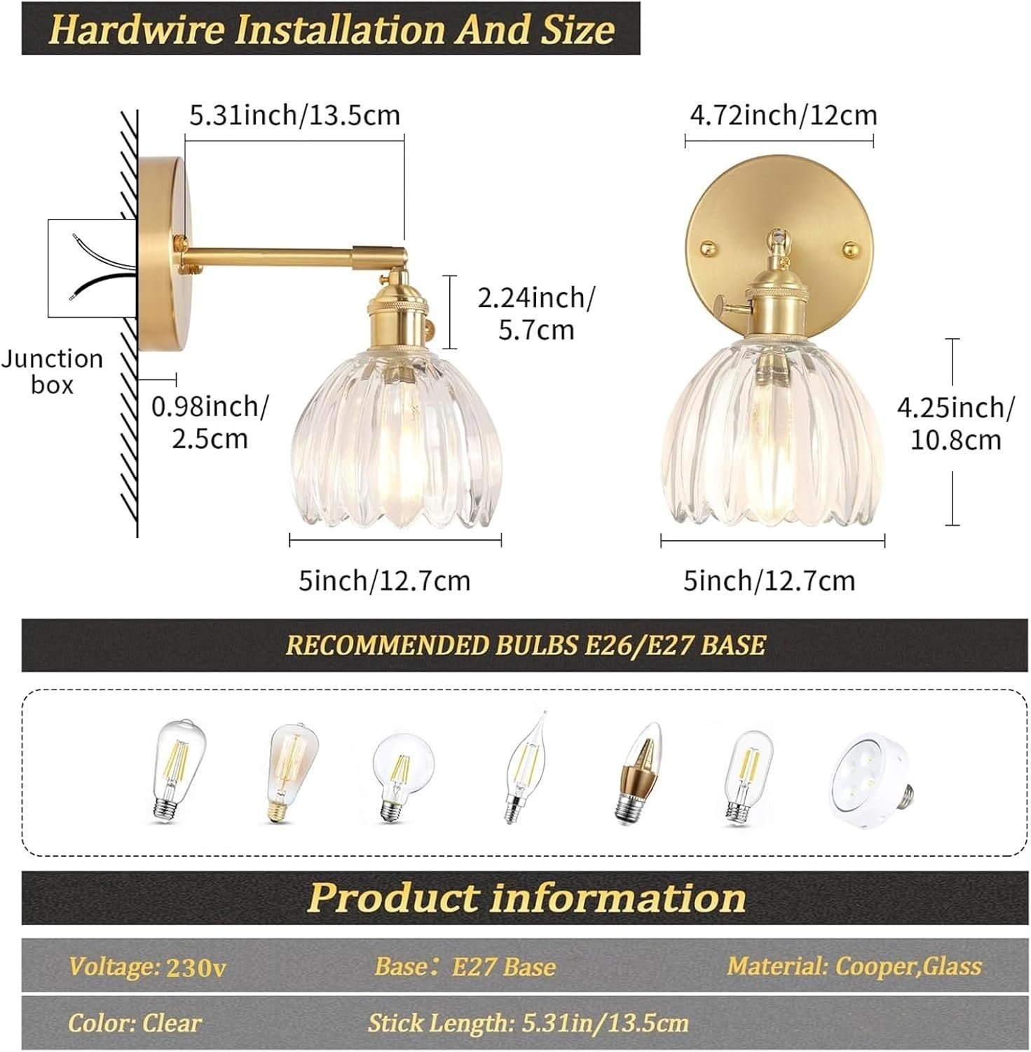 Vintage Gold Wall Sconce Lamp with 180° Adjustable Light & Switch, Indoor