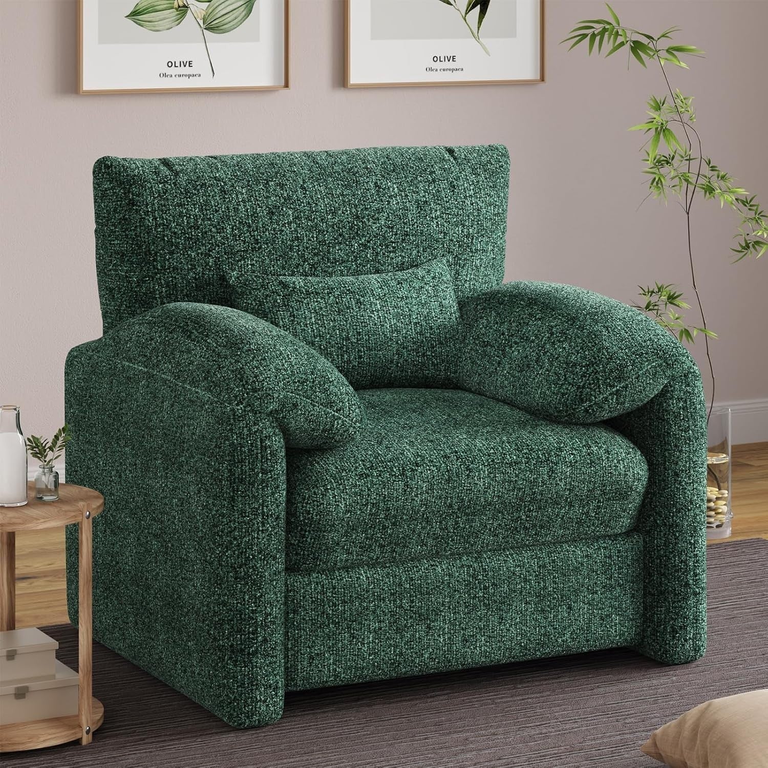 Large Green Velvet Armchair Sofa Chair High Back + Lumbar Support