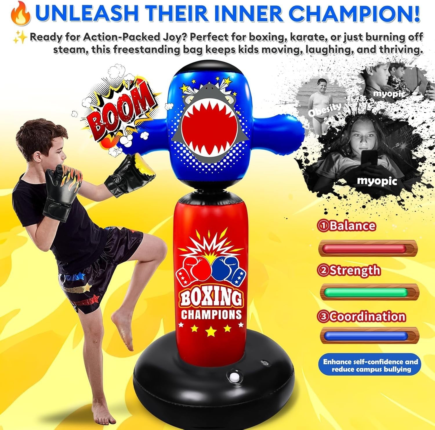 Inflatable Kids Punching Bag 63inch Freestanding Boxing Toy Gloves