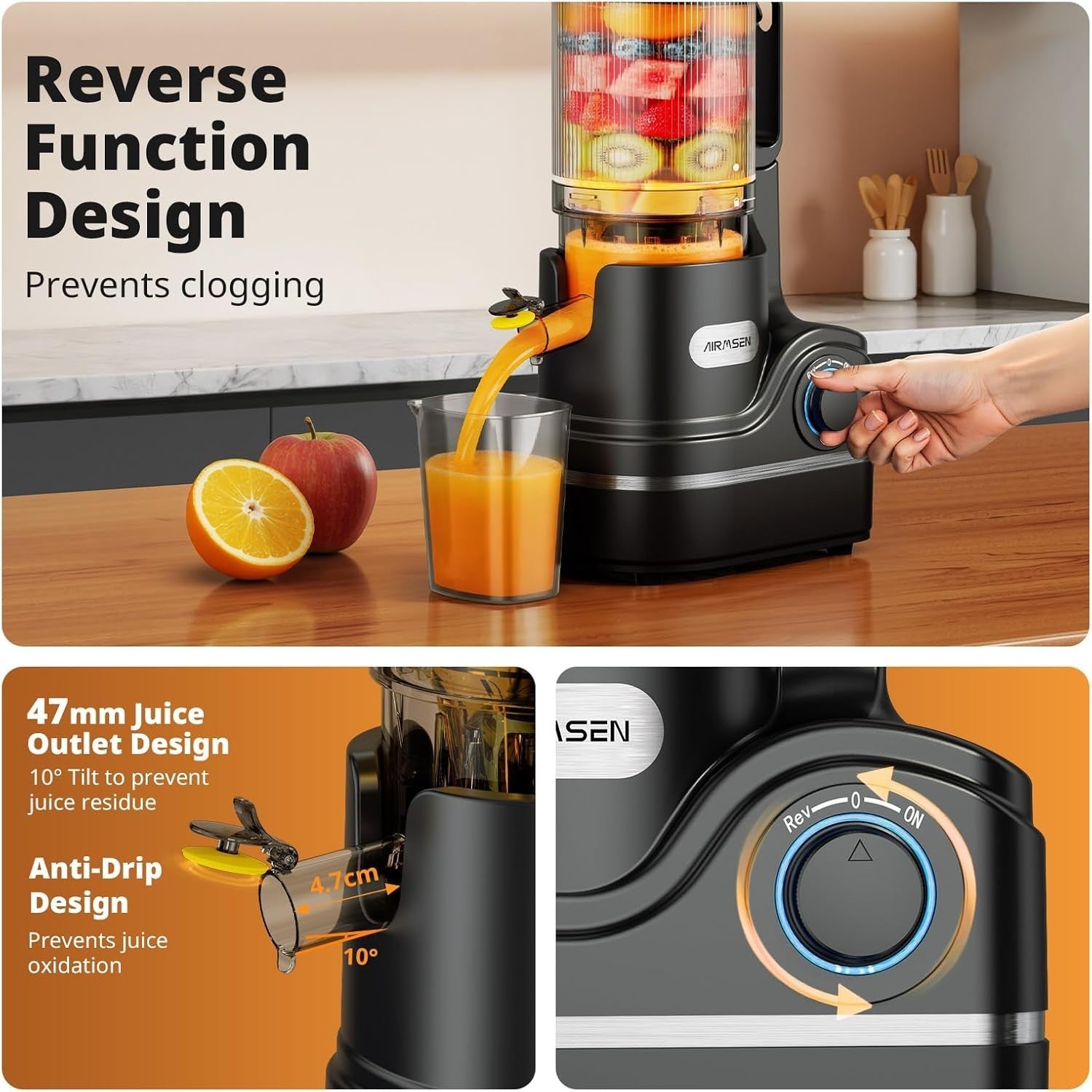 Cold Press Juicer 147mm Wide Chute Whole Fruit Auto Feed 2.1L