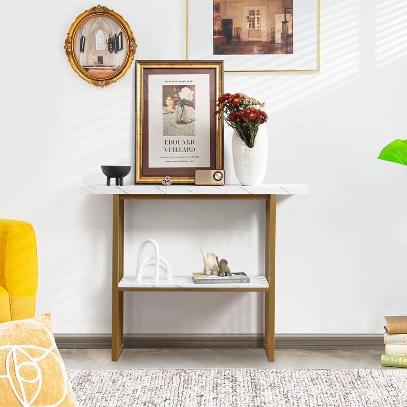 120cm Faux Marble Console Table – 2-Tier Gold Frame Hallway Display Unit