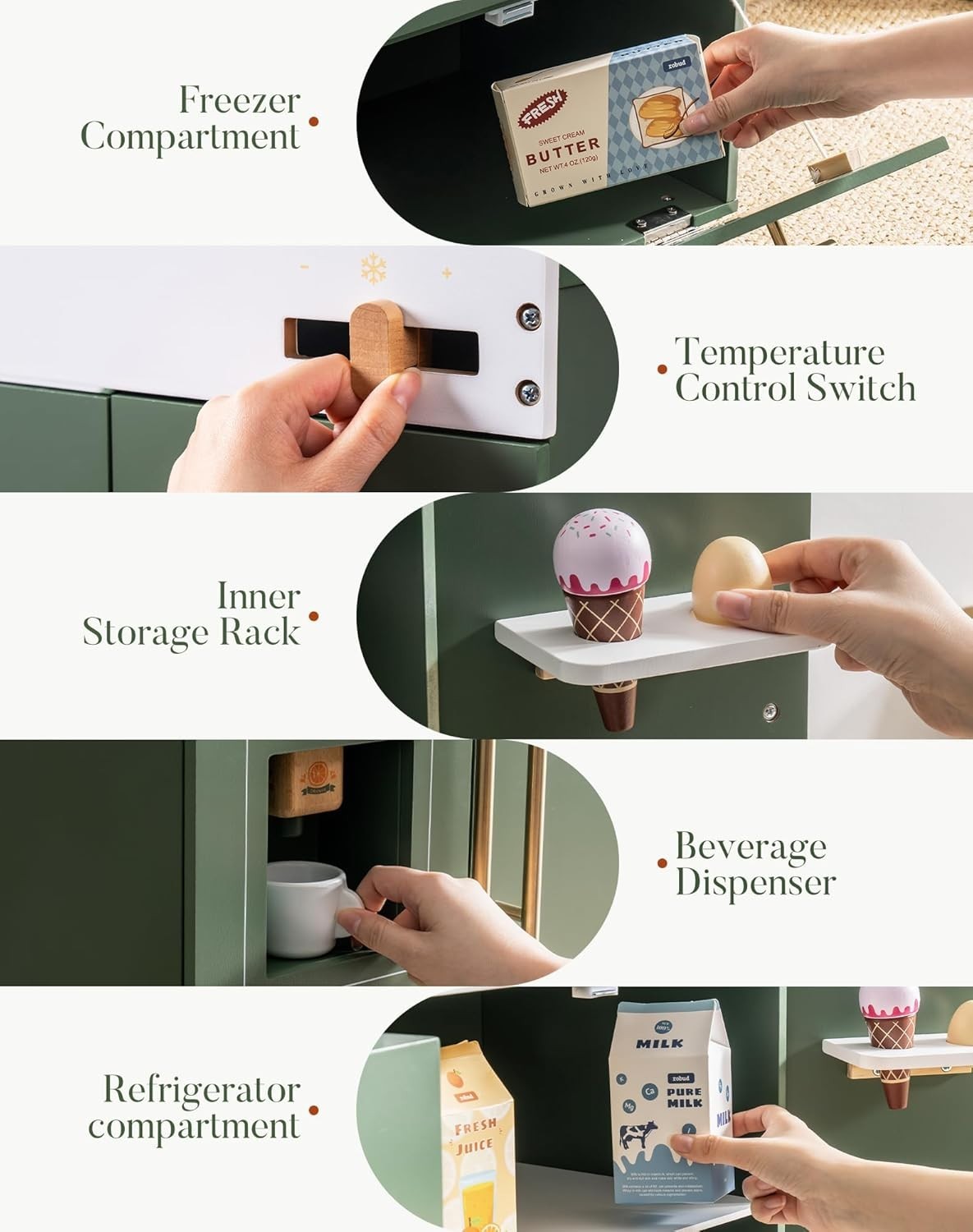 Wooden Kids Toy Fridge Vintage Green Pretend Kitchen Refrigerator