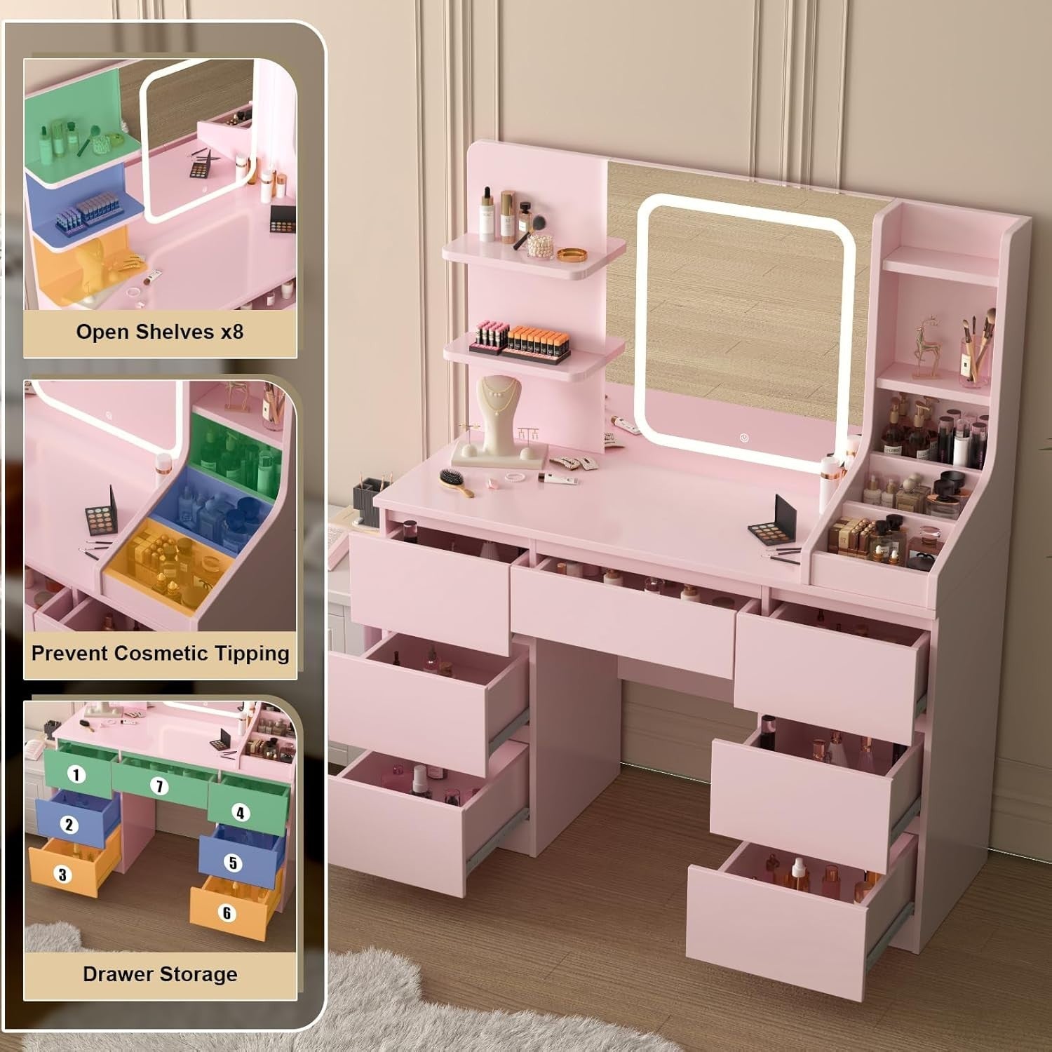 Foldable Small Vanity Desk w/Lighted Mirror Stool 2 Drawers Compact Makeup Table