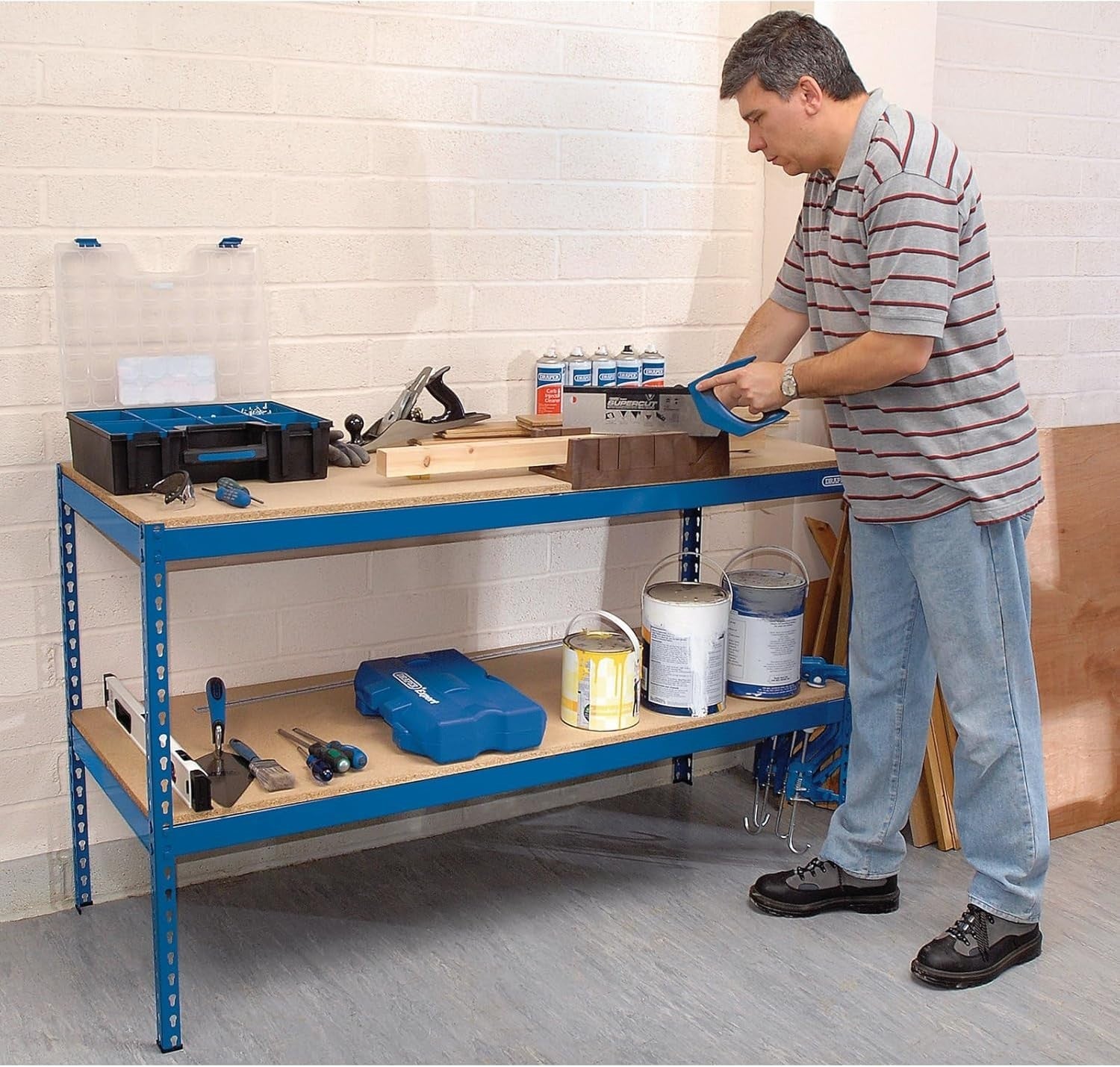 Steel Workbench 200kg Capacity Powder Coated Frame MDF Top Heavy Duty Blue