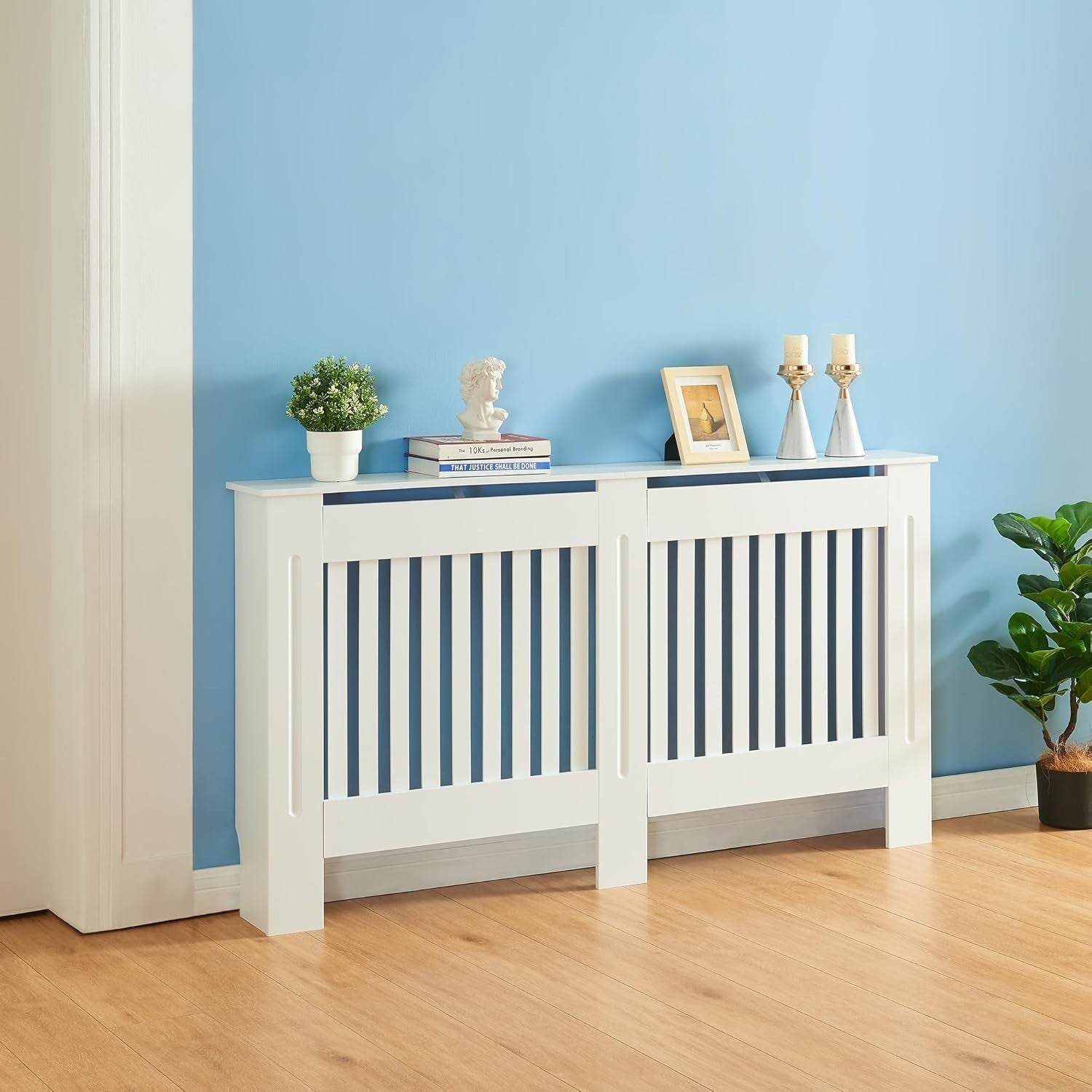 White Radiator Cover Large 152cm Modern Slatted Wood Cabinet Heating Shelf