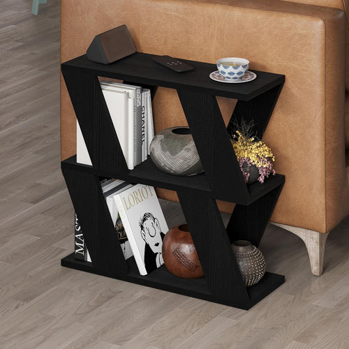 Slim Black Wood Side Table with 2 Tier Storage Shelf | Modern 60cm