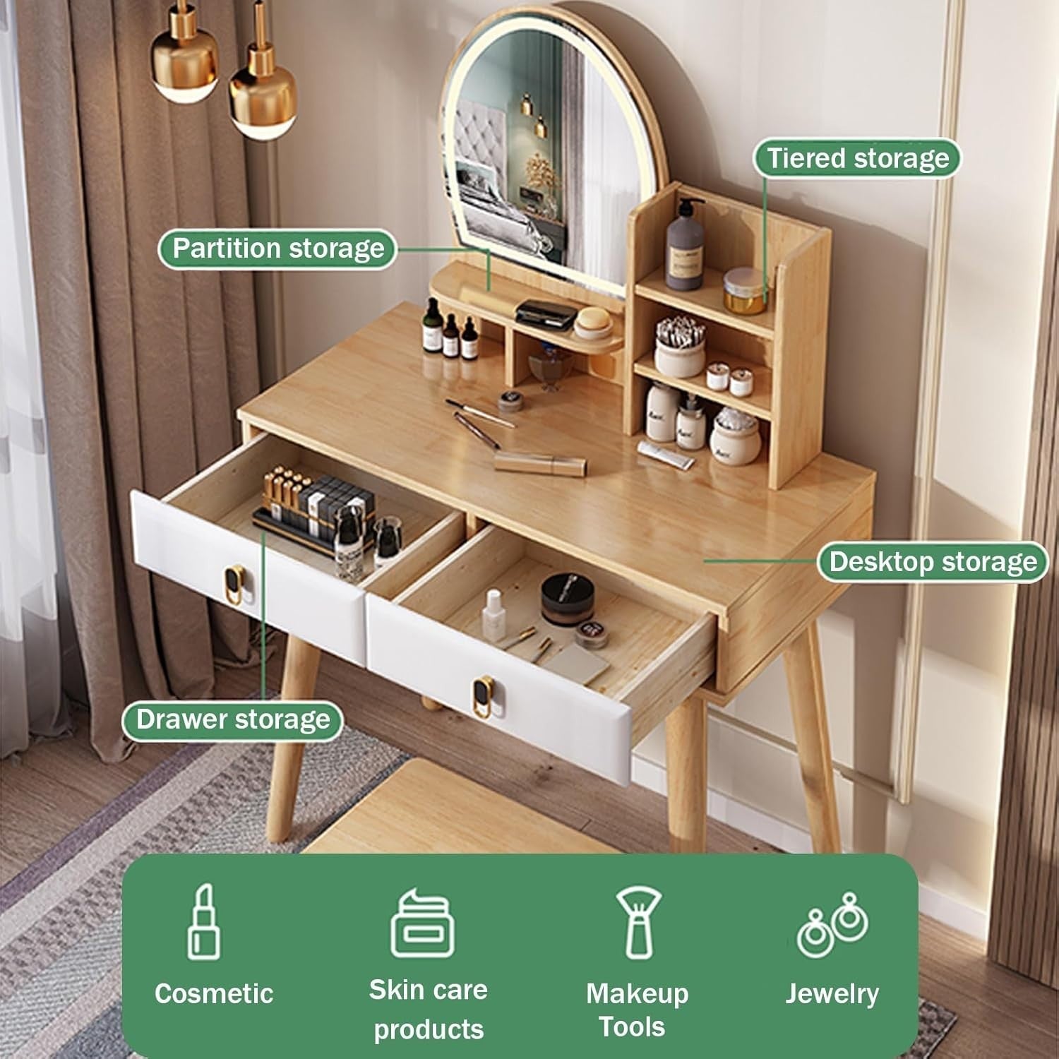 Wood Vanity Makeup Dressing Table Desk Mirror Stool Drawers Bedroom Furniture