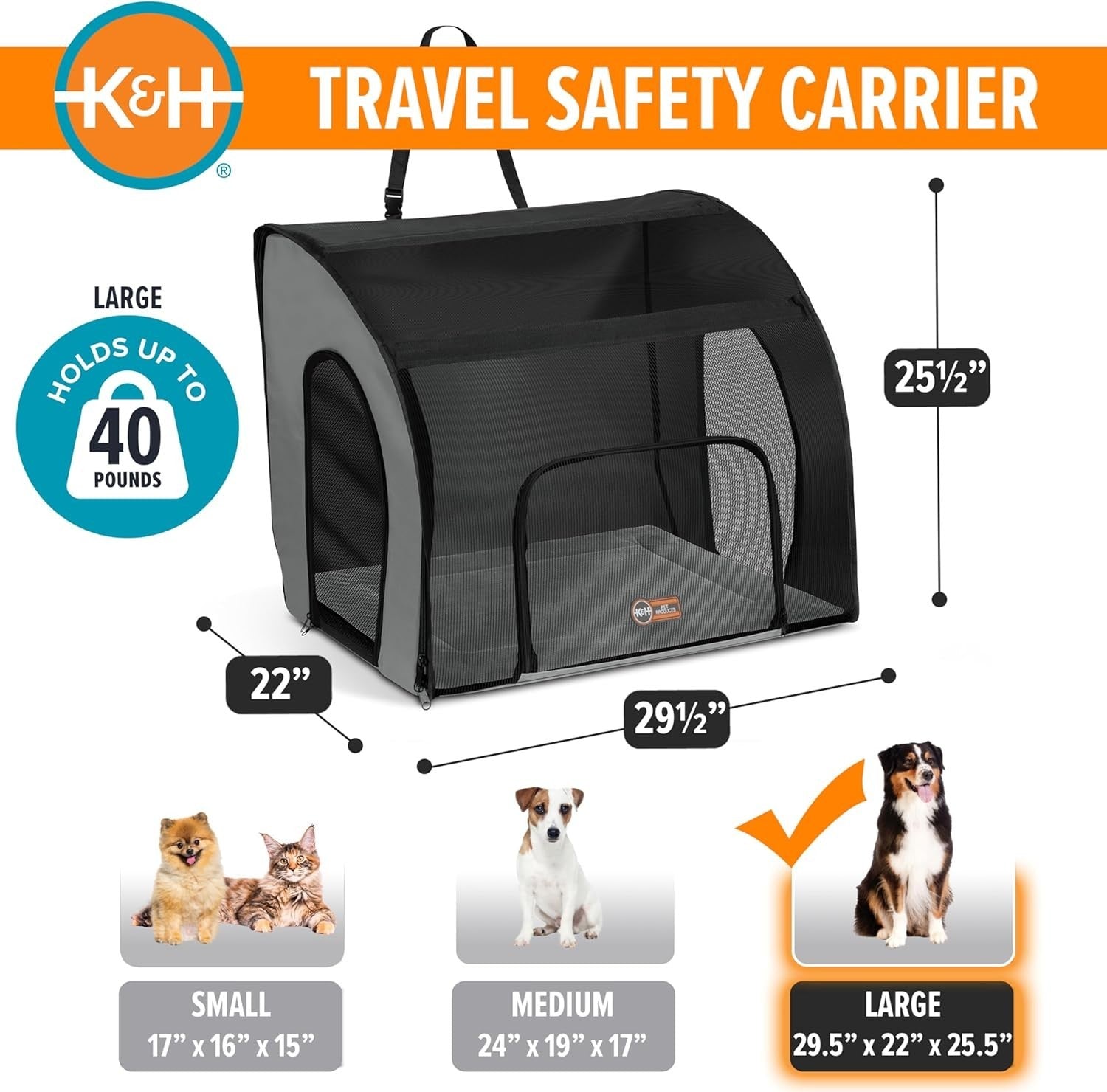 Travel Safety Pet Carrier Large 56x56x65cm Soft Dog Car Seat Crate Grey Black
