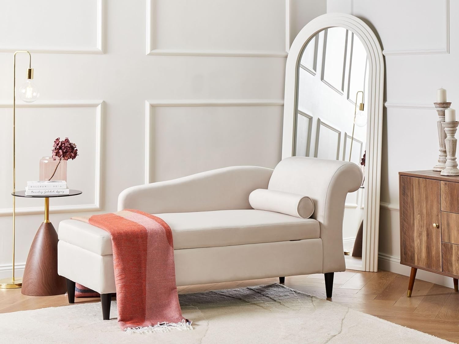 Right Hand Beige Velvet Chaise Lounge with Storage Soft Padding Wood Legs