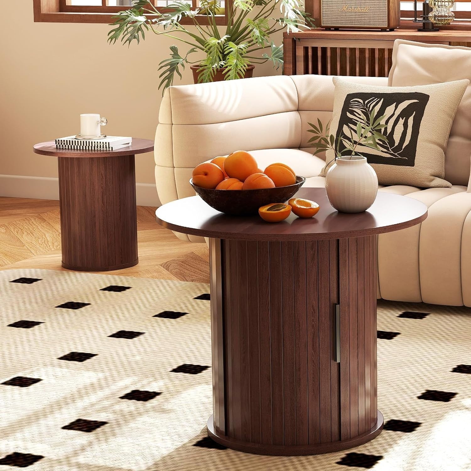2-Piece 60cm Round Nesting Coffee Table Set with Hidden Storage, Dark Brown