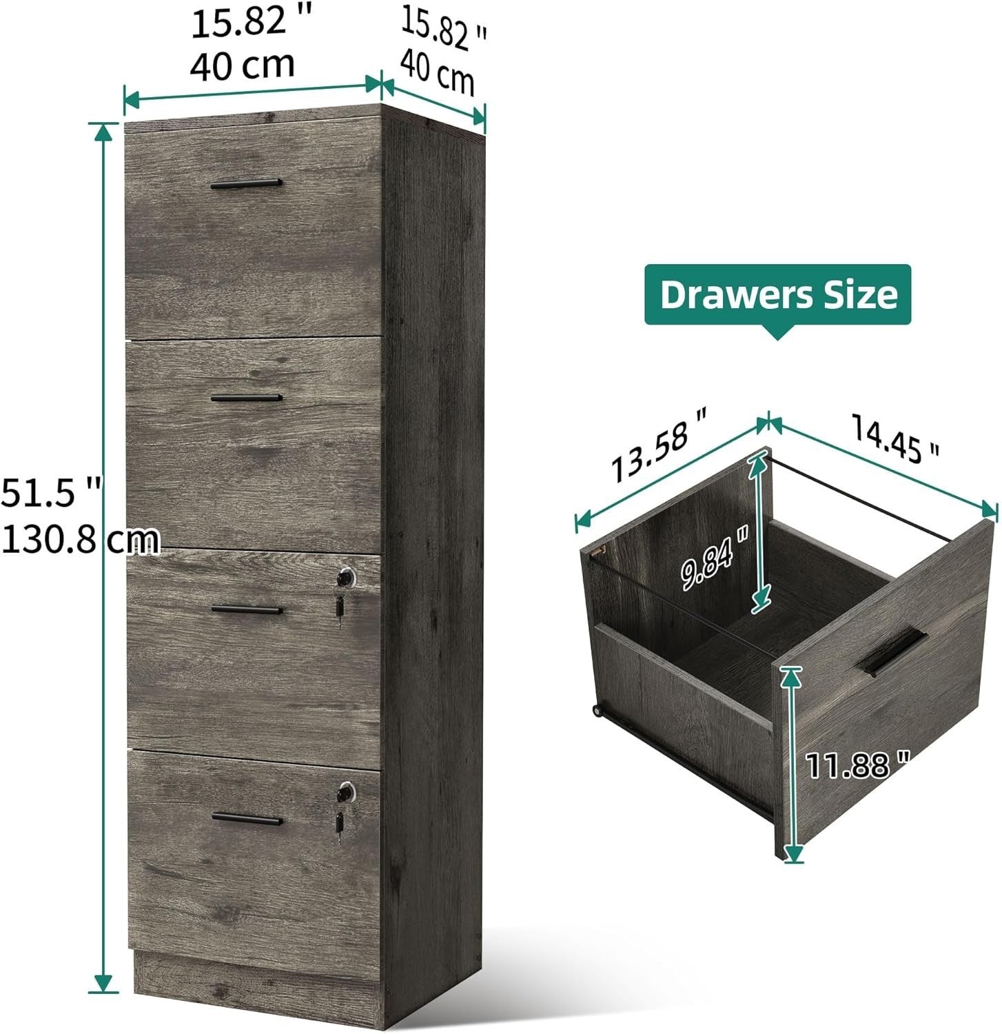 Grey Vertical Filing Cabinet 4 Drawer Lockable 131cm A4 Storage