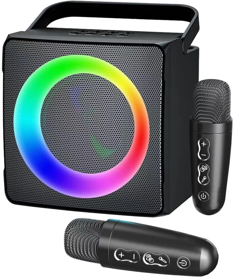 Portable Bluetooth Karaoke Machine 2 Wireless Mics LED Black 16x13.5x22cm