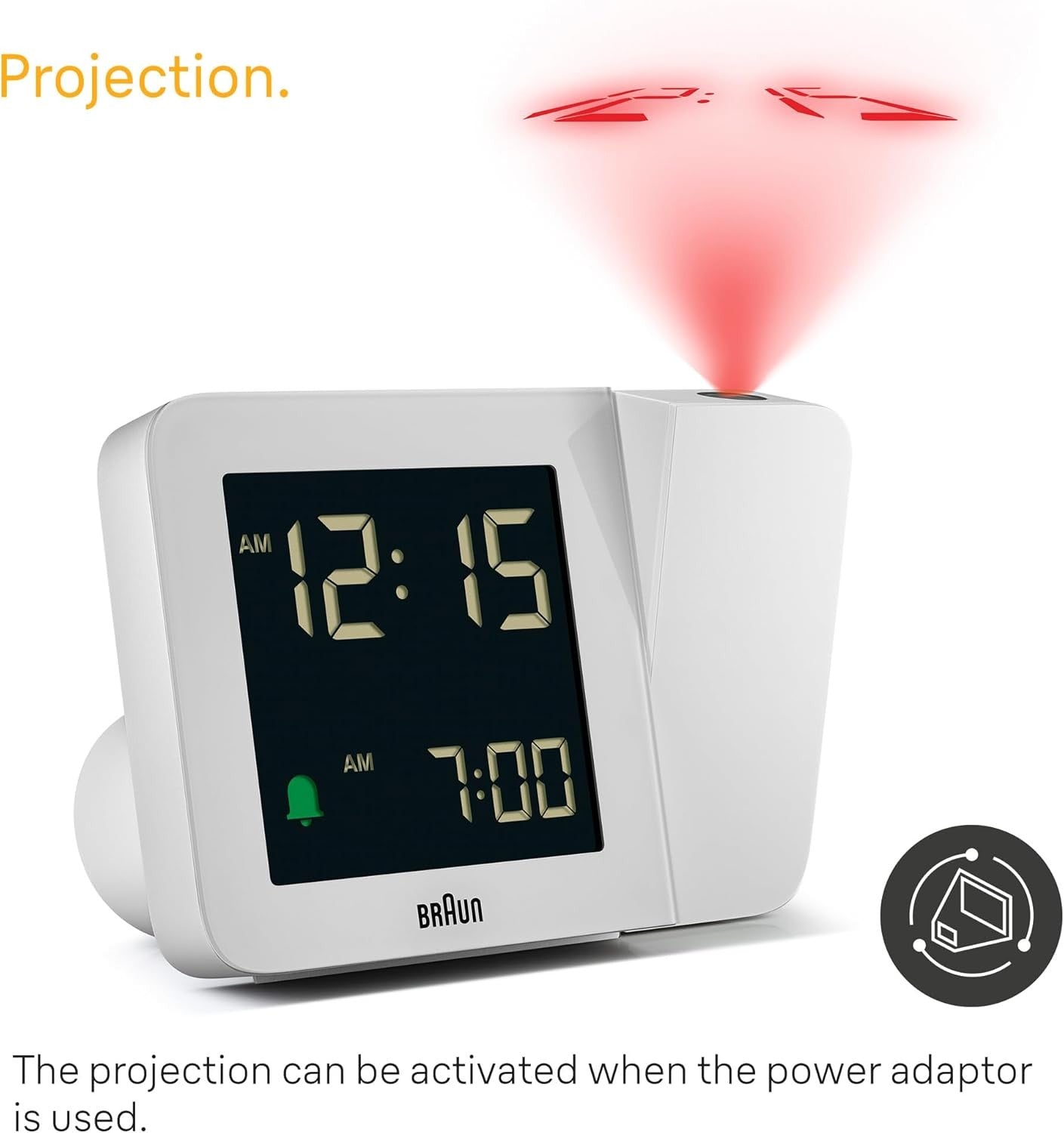 Projection Alarm Clock with Backlight LCD Display Snooze White