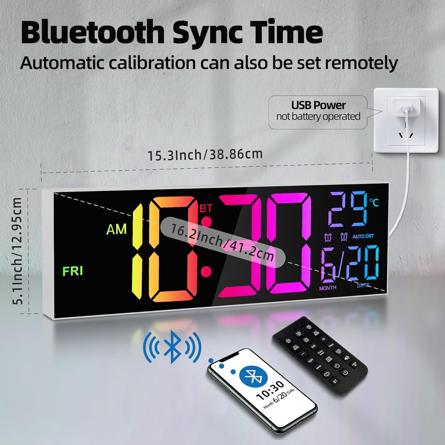 Large 16" Digital Wall Clock RGB LED Display Temp Date Alarm Remote Sync
