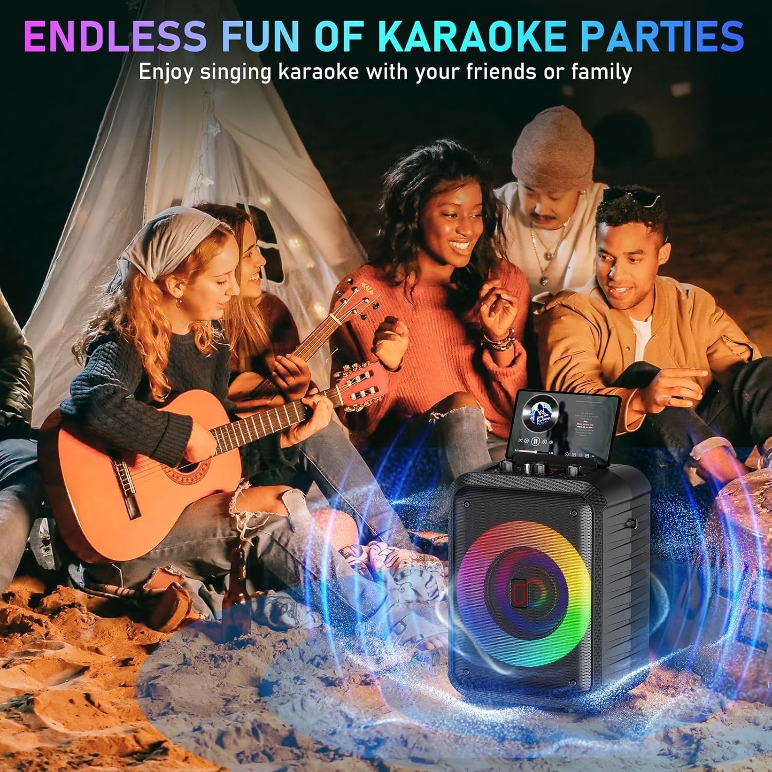 Portable Karaoke Machine 2 Wireless Mics Bluetooth PA DJ Lights