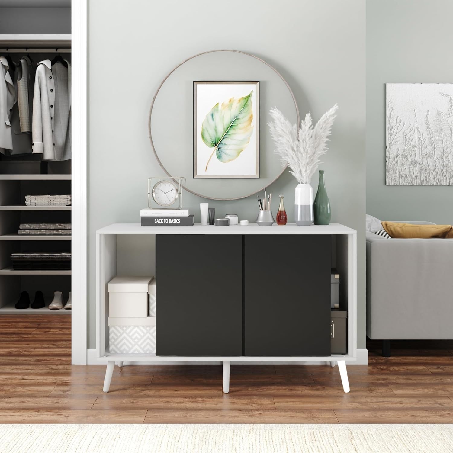 Modern Sideboard Cabinet White Frame Black Sliding Doors Storage Unit