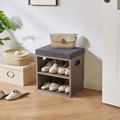 Small Shoe Storage Bench with Cushion & 2-Tier Rack for Entryway Seat