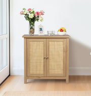 Oak Effect Small Cupboard with Rattan Doors 2 Tier Boho Storage Unit