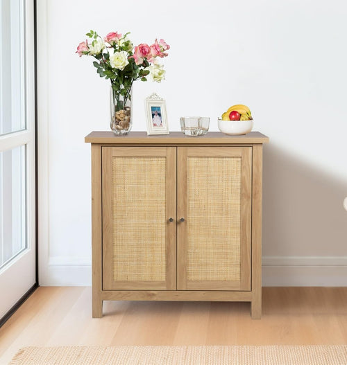 Oak Effect Small Cupboard with Rattan Doors 2 Tier Boho Storage Unit
