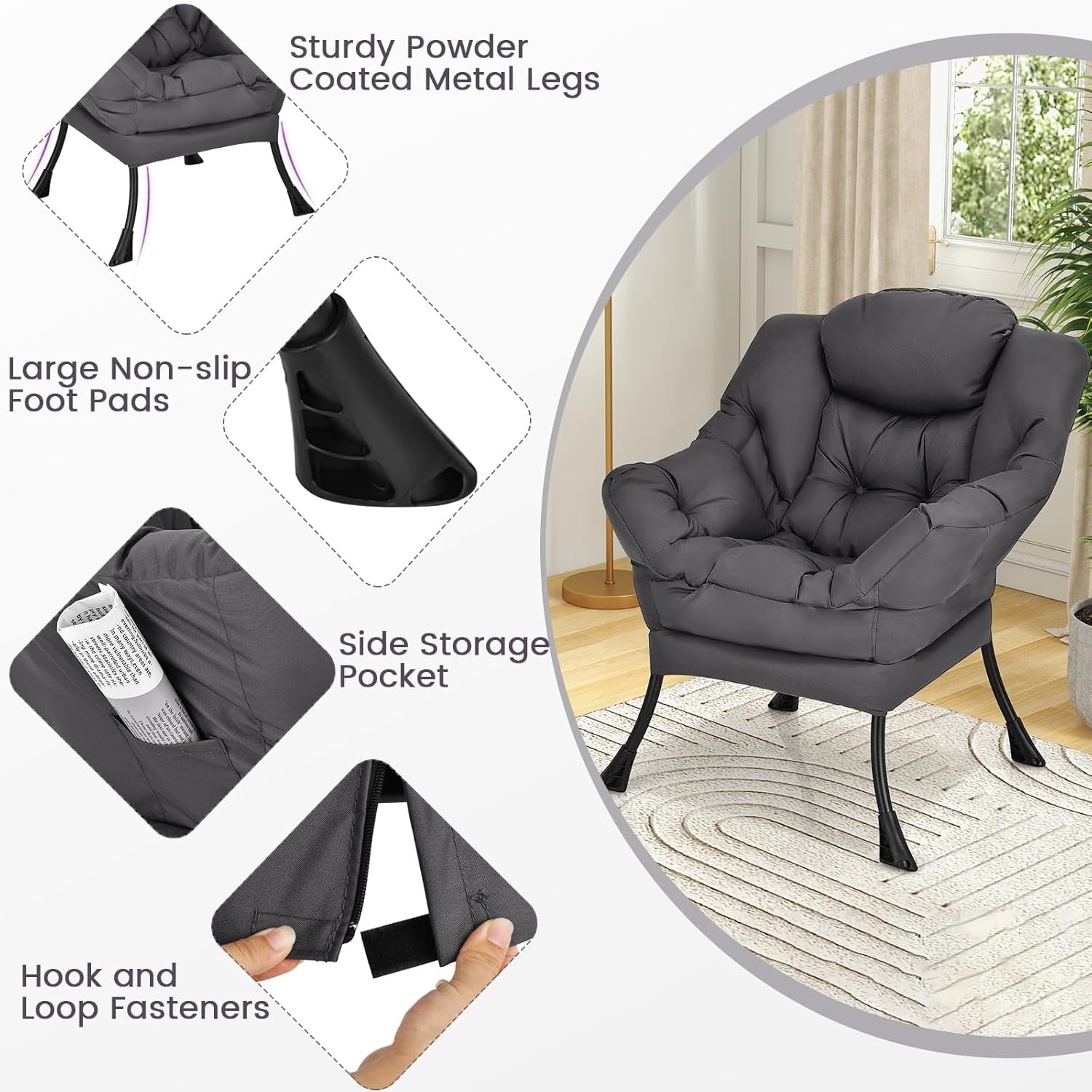 Fabric Lounge Armchair Comfy Reading Chair Metal Frame Grey