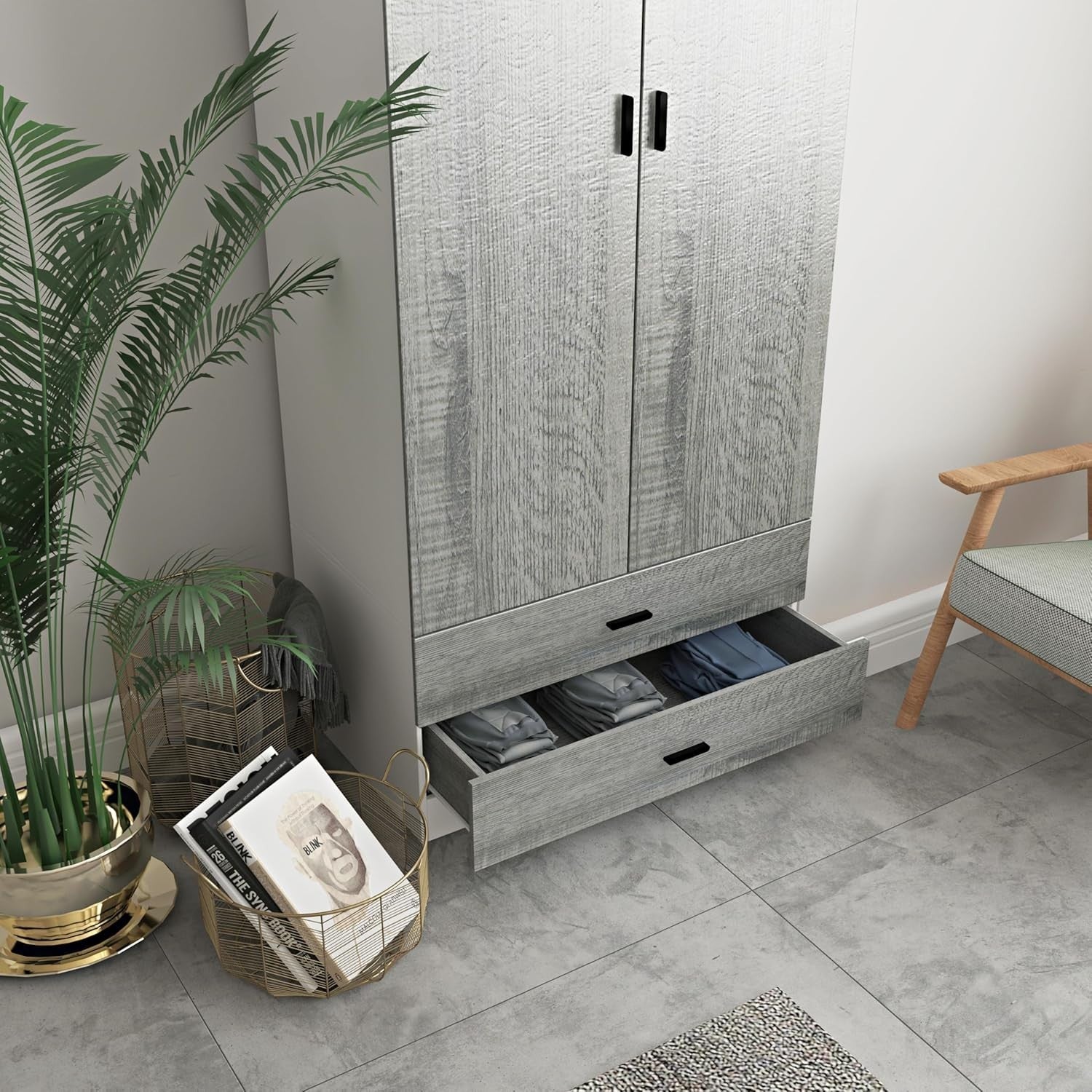 Tall 2 Door Wardrobe Ash Grey Drawers Hanging Rail Storage Cupboard