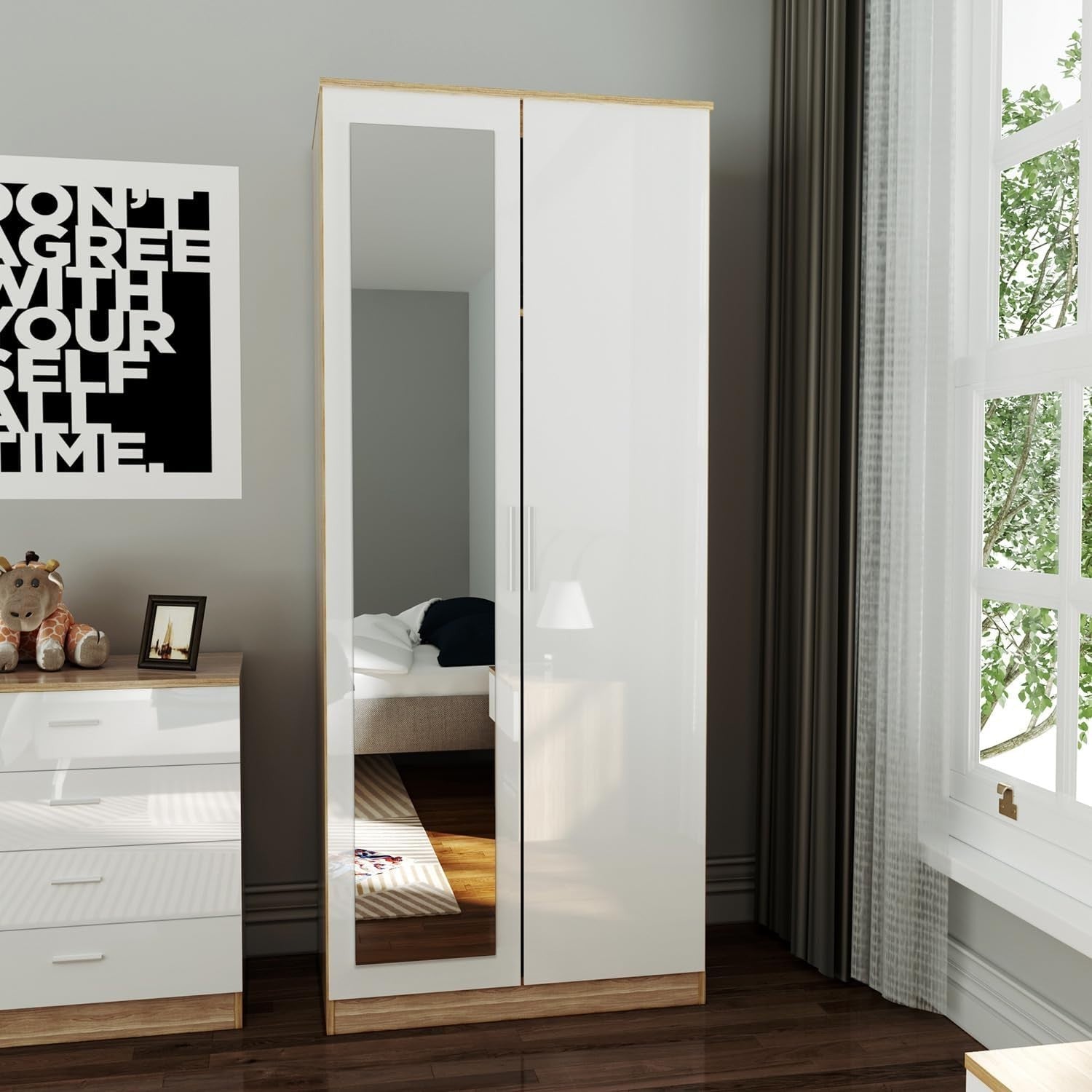 White Oak 2 Door Wardrobe with Full-Length Mirror Soft-Close Metal Handles