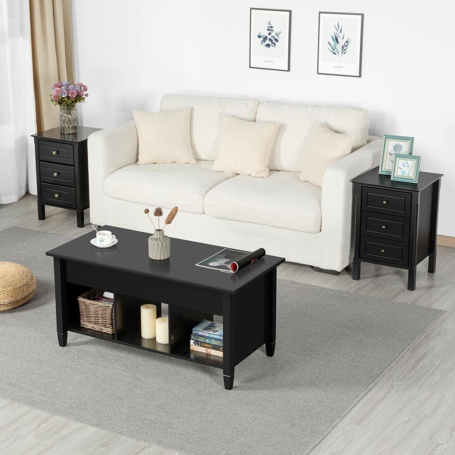 Set of 2 Black Bedside Tables with 3 Drawers, Wooden Nightstands 40x40x60cm