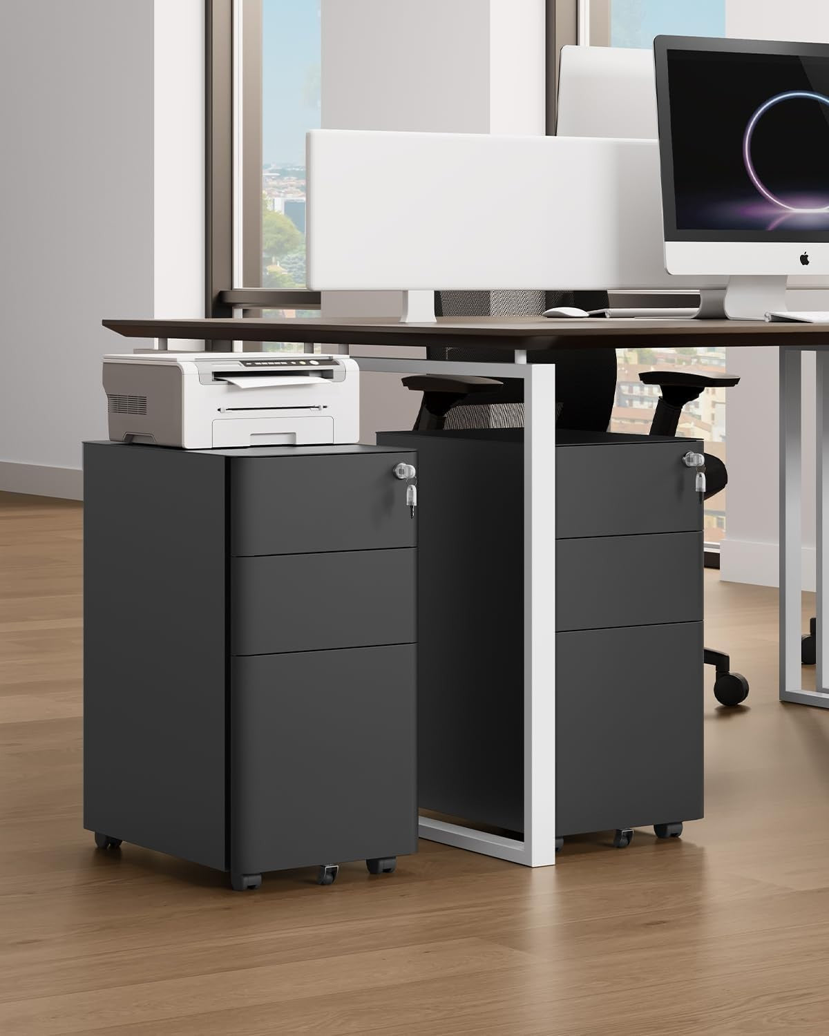 3 Drawer Mobile Filing Cabinet Lockable Steel A4 Letter Under Desk Black