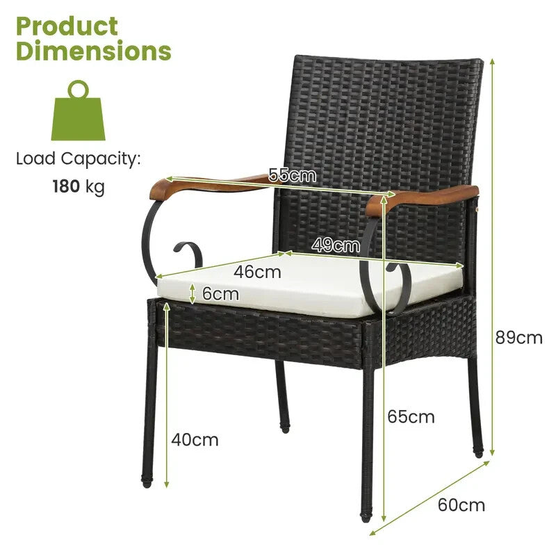 2x Rattan Garden Chairs Set with Cushions – Metal Frame, 89cm High, 180kg
