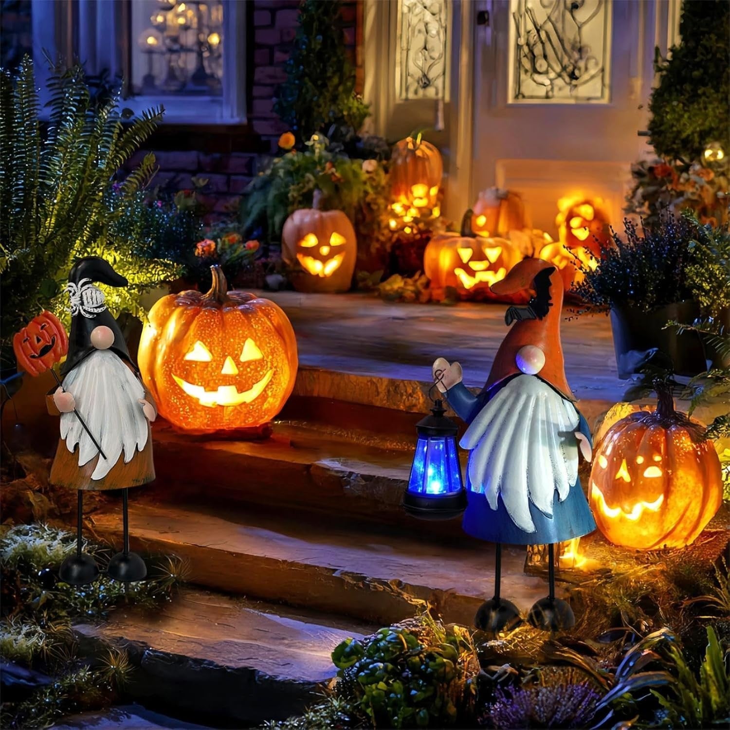 Halloween Metal Gnome Yard Art Statue Outdoor Decor | LED Lantern | 46cm