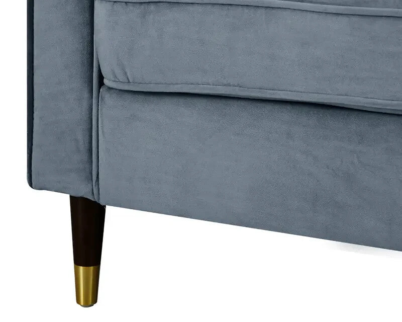 Grey Velvet 2 Seater Sofa Ribbed Back High Arms Wood Legs Modern Couch